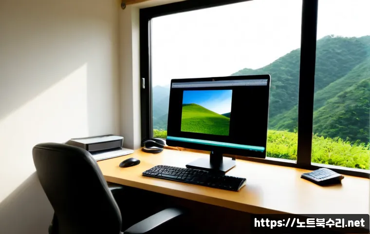 수석동 STATUS_FILE_NOT_FOUND - Photorealistic remote-support workstation in a quiet Suseok-dong home office, dual monitors showing ...