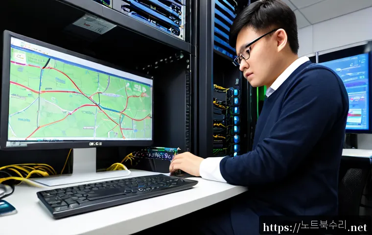 장현동 서버출장방문수리점 - Photorealistic on-site server repair in a compact Janghyeon-dong office, technician connecting a dia...