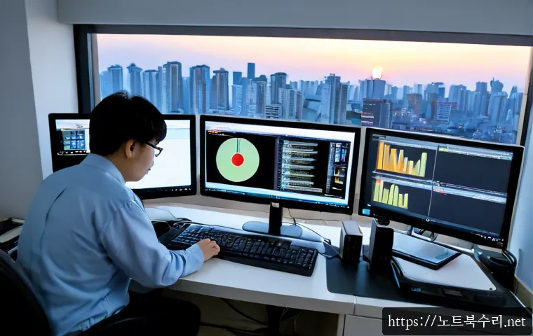 탄현동 STATUS_IO_TIMEOUT - Photorealistic IT support workstation in a compact Tanhyeon-dong apartment office, dual monitors sho...