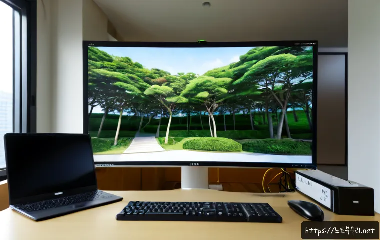 의정부동 CDFS_FILE_SYSTEM - Photorealistic IT workstation in a compact Uijeongbu-dong office, dual monitors showing abstract fol...
