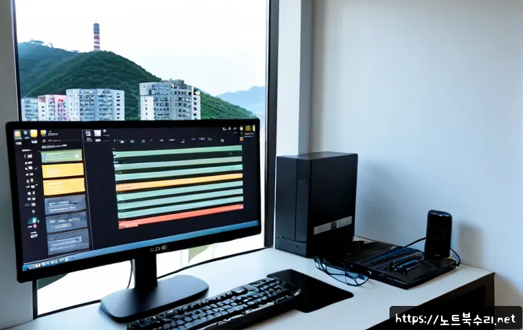 구천동 IO1_INITIALIZATION_FAILED - Photorealistic remote-support workstation in a compact hillside apartment, dual monitors showing an ...