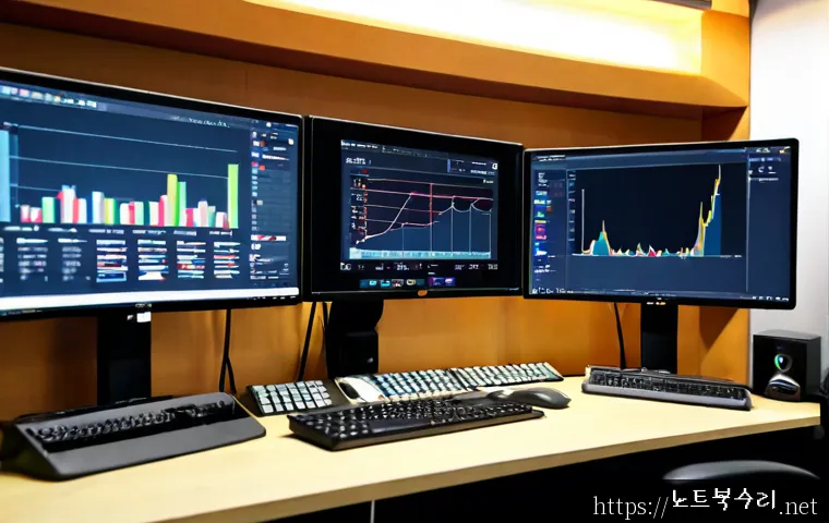 성남동 STATUS_STACK_BUFFER_OVERRUN - Photorealistic IT support workstation in Seongnam-dong, dual monitors showing an abstract system rec...