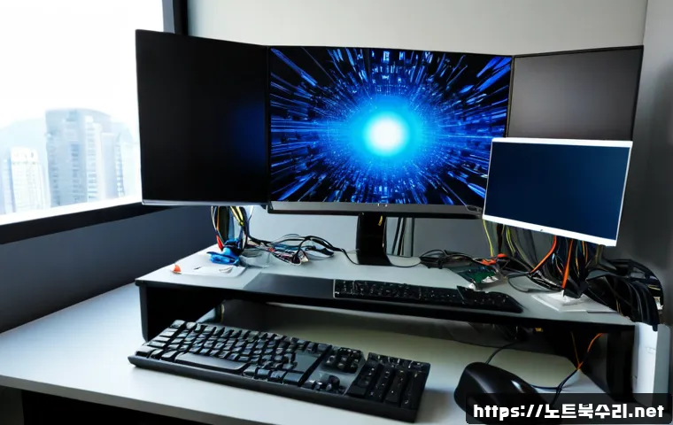 수원시 VIDEO_DRIVER_INIT_FAILURE - Photorealistic IT support workstation in a modern Suwon office, dual monitors showing abstract blue ...