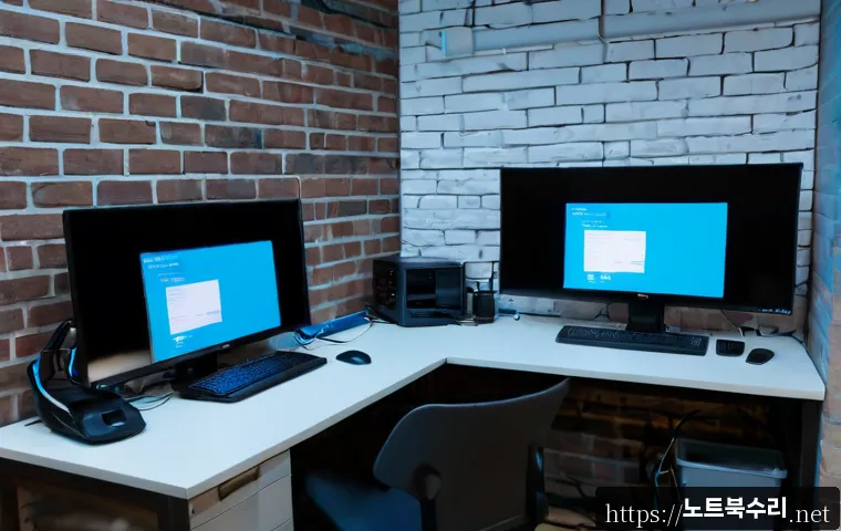 양화동 STATUS_KERNEL_THREAD_FAILURE - Photorealistic modern workstation in a compact Yanghwa-dong creative office, dual monitors showing a...