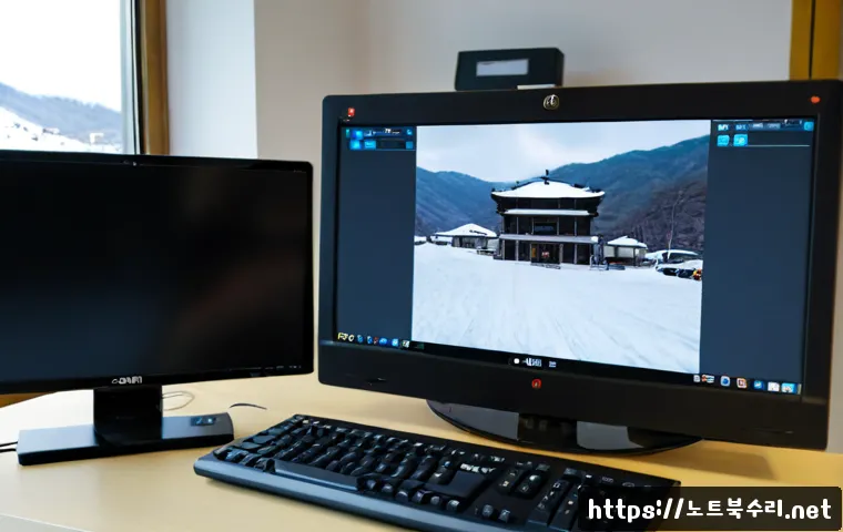 설운동 STATUS_INVALID_SESSION - Photorealistic remote-support workstation in a compact mountain-town office, dual monitors showing a...