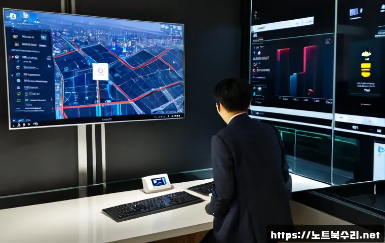강하면 STATUS_MODULE_ACCESS_DENIED - Photorealistic high-end workstation in Gangnam, Seoul, a software engineer viewing a clean abstract ...