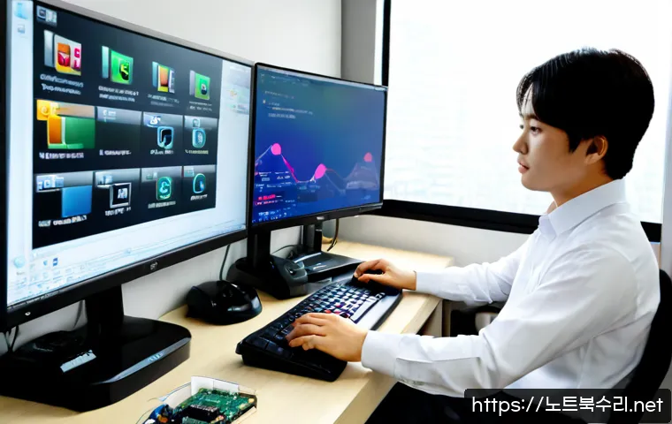 삼교동 BUGCODE_USB_DRIVER - Photorealistic IT support workstation in a compact Samgyo-dong office, technician reconnecting a USB...
