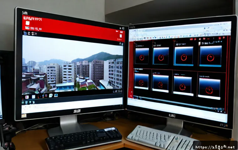 양지동 STATUS_SYSTEM_LICENSE_INVALID - Photorealistic software support workstation in a compact Yangji-dong office, dual monitors showing a...