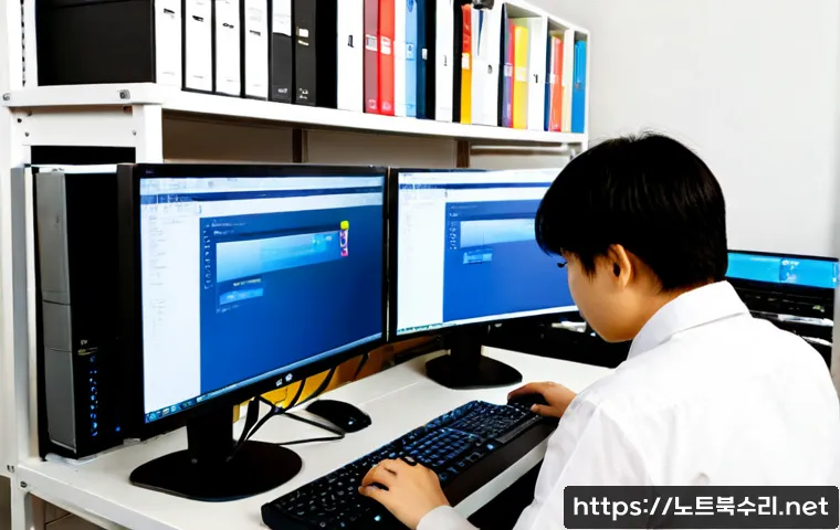 견지동 출장방문윈도우 windows 설치 - Photorealistic remote-support technician installing a fresh operating system on a desktop workstatio...