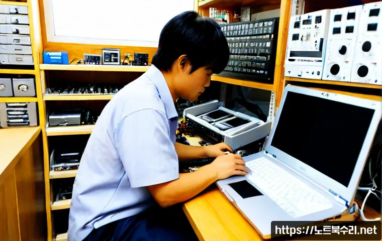 연남동 맥북프로 판매 및 수리 - Photorealistic premium silver laptop repair workstation in a compact Yeonnam-dong electronics shop, ...