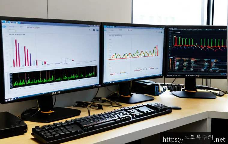 원미동 HARDWARE_INTERRUPT_STORM - Photorealistic IT support workstation in a compact Wonmi-dong office, dual monitors showing abstract...
