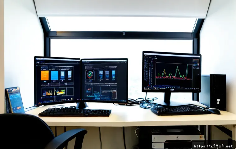 현저동 CLOCK_WATCHDOG_TIMEOUT - Photorealistic IT support workstation in a compact Hyeonjeo-dong office, dual monitors showing abstr...