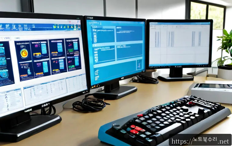 양지면 STATUS_PAGEFILE_MISSING - Photorealistic remote IT support workstation in a modern Korean countryside office, dual monitors sh...