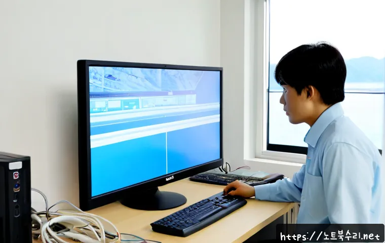 중동 블루스크린 - Photorealistic IT support workstation in Jung-dong, Busan, ultrawide monitor displaying a solid blue...