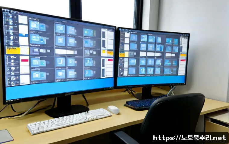 설운동 STATUS_KERNEL_RESOURCE_ERROR - Photorealistic IT support workstation in a compact Seoul neighborhood office, dual monitors showing ...