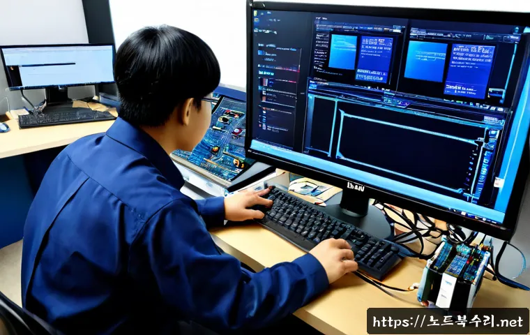 입북동 STATUS_KERNEL_DRIVER_CORRUPTION - Photorealistic IT support workstation in Ipbuk-dong, Suwon, dual monitors showing a frozen blue diag...