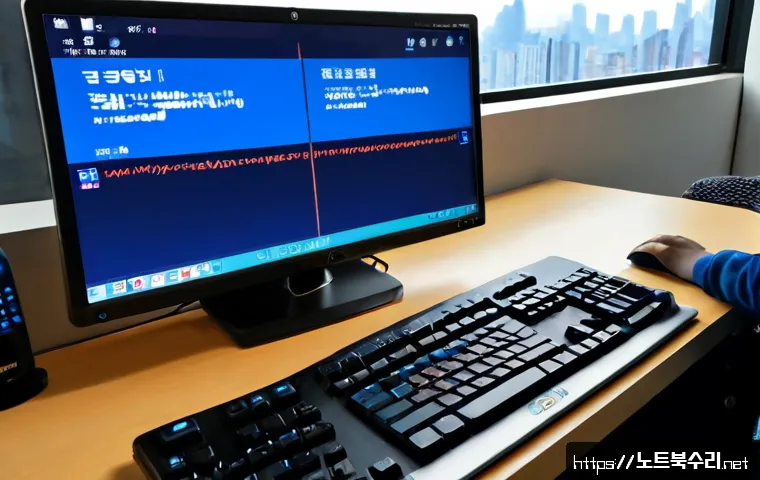 율현동 BAD_SYSTEM_CONFIG_INFO - Photorealistic remote-support workstation in a modern Yulhyeon-dong apartment office, desktop monito...