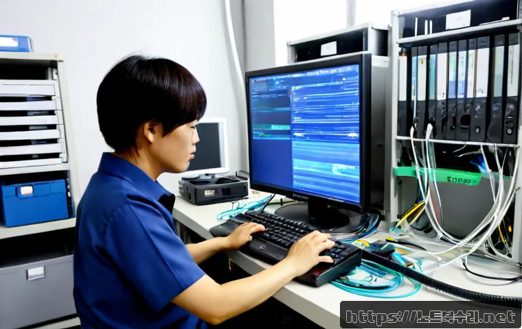 원흥동 공장초기화복구 - Photorealistic remote recovery workstation inside a compact manufacturing office, desktop computer d...