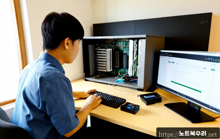 광사동 컴퓨터업그레이드 - Photorealistic computer upgrade workstation in a compact Gwangsa-dong apartment office, technician i...