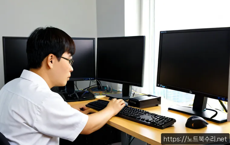 통복동 linux재설치 포맷  초기화 - Photorealistic IT support workstation in a compact Korean neighborhood office, technician reinstalli...