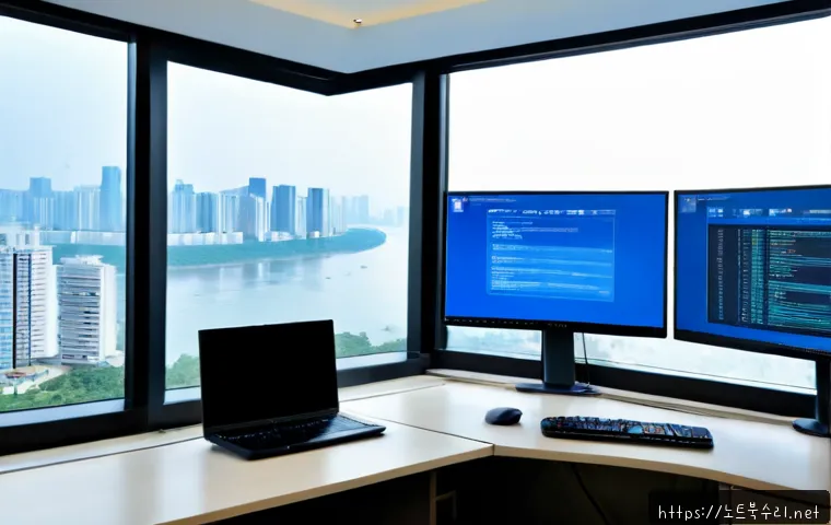반포동 KMODE_EXCEPTION_NOT_HANDLED - Photorealistic IT support workstation in a refined Banpo apartment office, dual monitors showing a g...