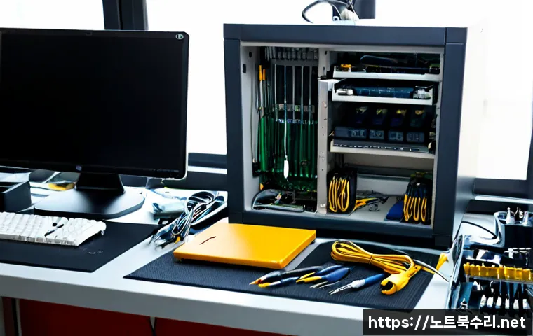 단원구 맥미니 판매 및 수리 - Photorealistic compact computer repair bench in a modern electronics workshop, small silver square d...