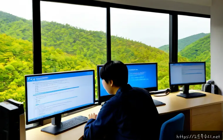 의왕시 REGISTRY_ERROR - Photorealistic IT support workstation in a modern apartment office, dual monitors showing a text-fre...