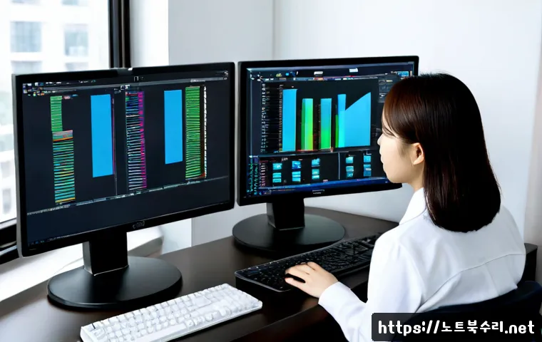 신내동 KERNEL_MODE_HEAP_CORRUPTION - Photorealistic IT support workstation in a compact apartment office, dual monitors showing abstract ...