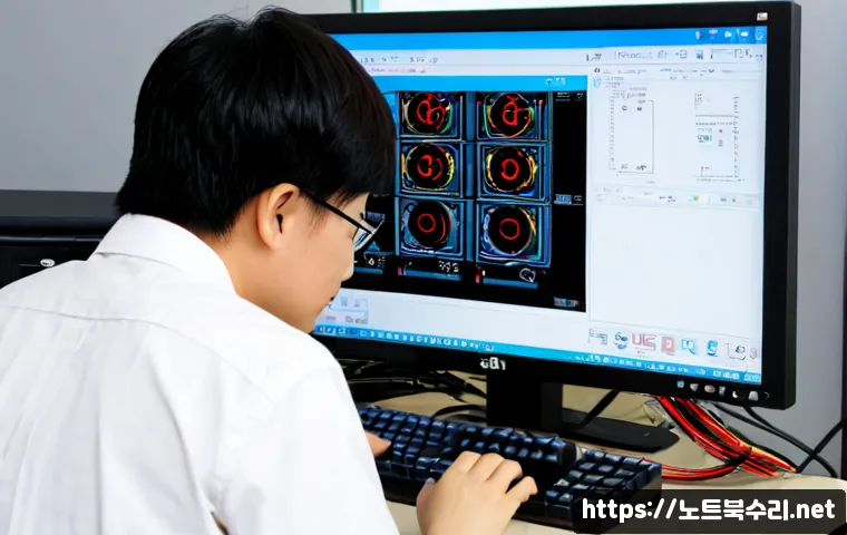 기배동 REGISTRY_ERROR - Photorealistic IT support workstation in a compact Korean suburban office, dual monitors showing abs...