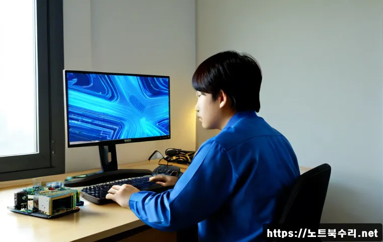 상일동 UNEXPECTED_KERNEL_MODE_TRAP - Photorealistic IT support workstation in Sangil-dong, a desktop monitor showing a blue abstract syst...