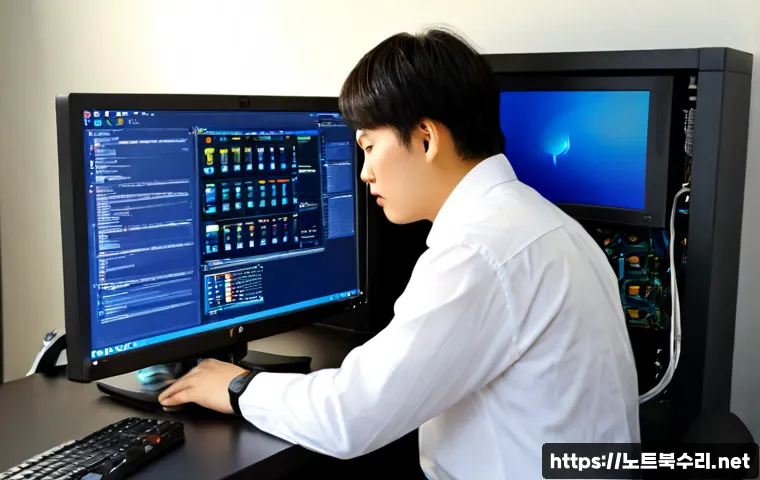 용강동 bootdevice - Photorealistic IT support workstation in a compact Yonggang-dong style office, technician examining ...