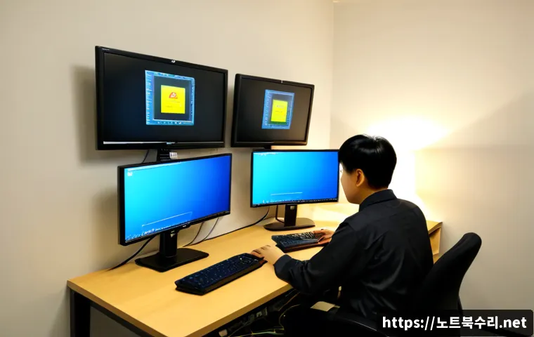 심곡동 FAT32_FILE_SYSTEM - Photorealistic IT support workstation in a compact Simok-dong office, dual monitors showing a clean ...