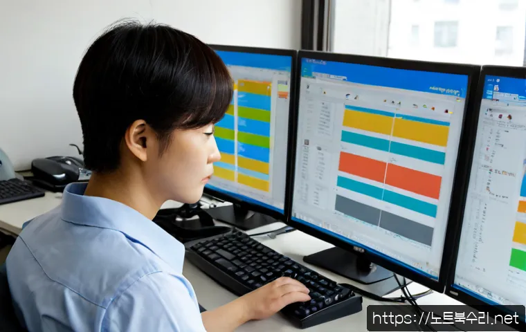 동양동 STATUS_DATATYPE_MISALIGNMENT - Photorealistic software engineering workstation in a quiet Dongyang-dong office, dual monitors displ...