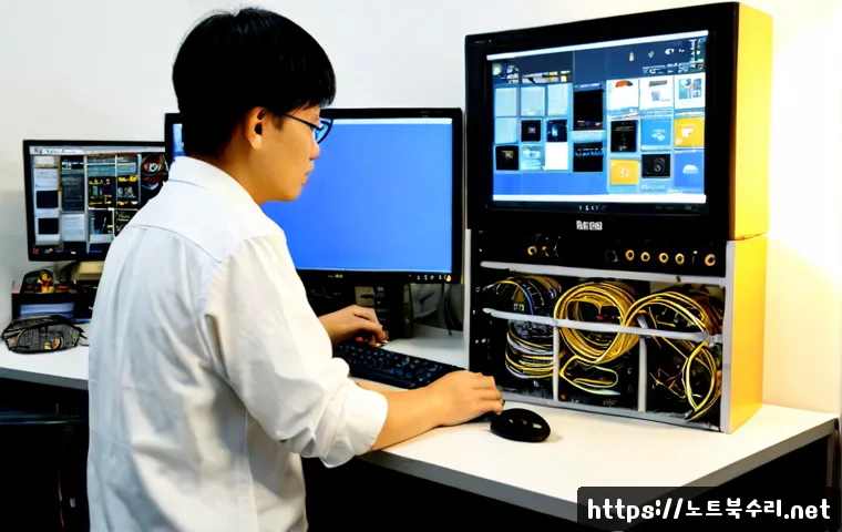 황학동 STATUS_SYSTEM_LICENSE_INVALID - Photorealistic remote-support workstation in a compact electronics repair shop, dual monitors showin...