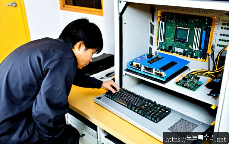 능서면 메인보드조립 및 교체수리 - Photorealistic computer repair workstation in a quiet rural Korean township, technician carefully in...