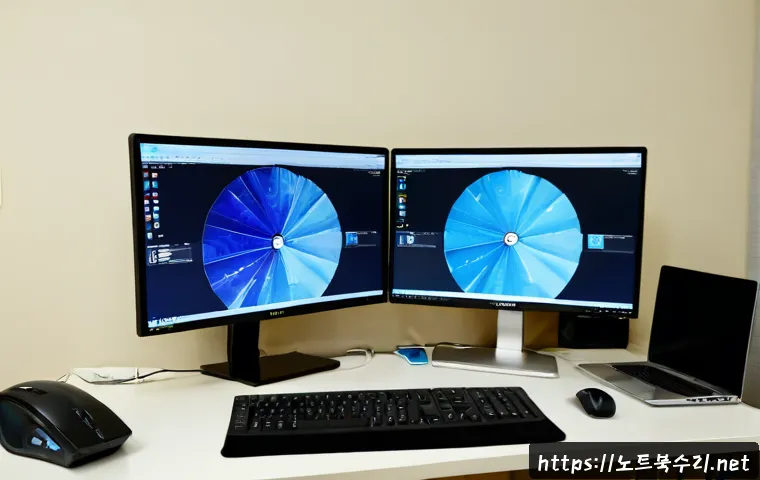문원동 STATUS_KERNEL_RESOURCE_ERROR - Photorealistic IT support workstation in a quiet Munwon-dong apartment office, dual monitors showing...
