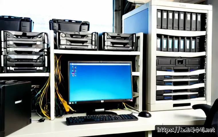 신도동 공장초기화복구 - Photorealistic industrial IT recovery workstation inside a small Sindong-dong factory office, techni...