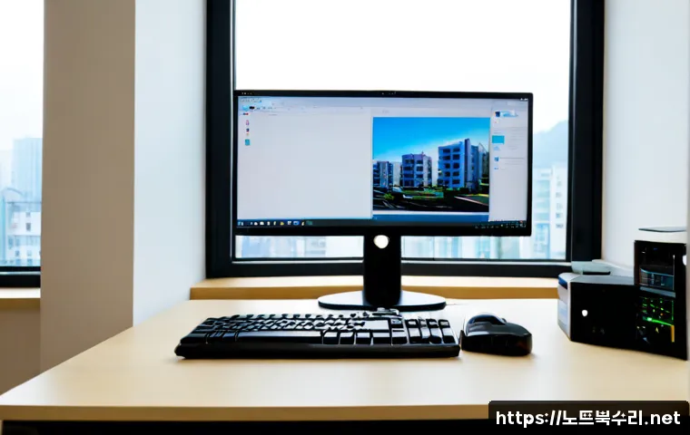 누읍동 STATUS_KERNEL_MODULE_FAILURE - Photorealistic remote-support workstation in a quiet Neup-dong apartment office, dual monitors showi...
