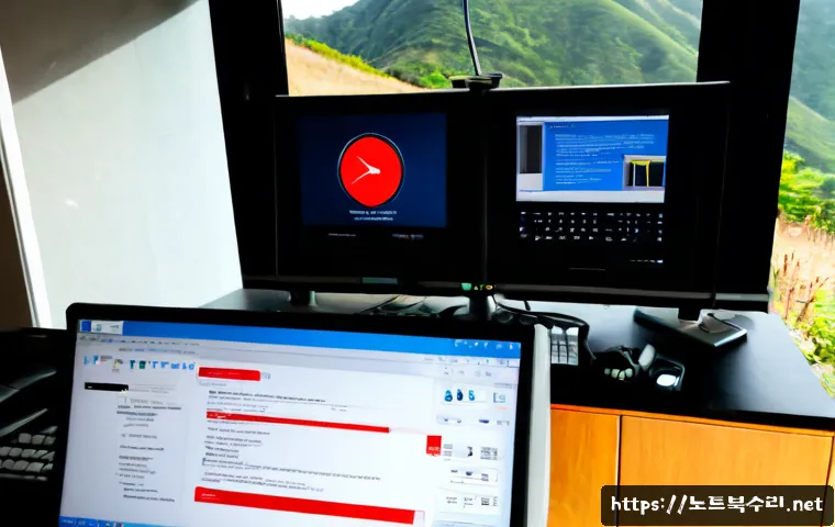 미산면 STATUS_INVALID_PAGE - Photorealistic remote support workstation in a quiet rural township office, dual monitors showing a ...