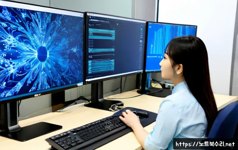 의주로 WIN32K_POWER_WATCHDOG_TIMEOUT - Photorealistic IT support workstation in a modern office near Eulji-ro, dual monitors showing a froz...