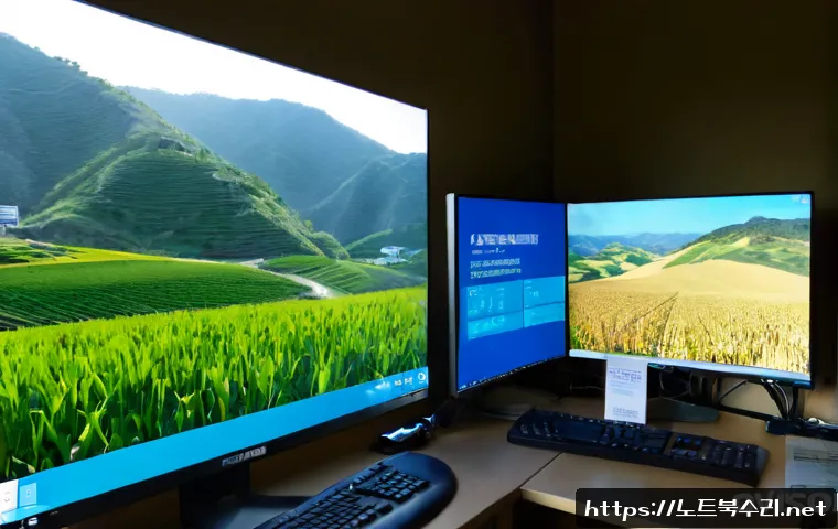 일죽면 WHEA_UNCORRECTABLE_ERROR - Photorealistic IT support workstation in a quiet rural Korean township office, dual monitors with a ...