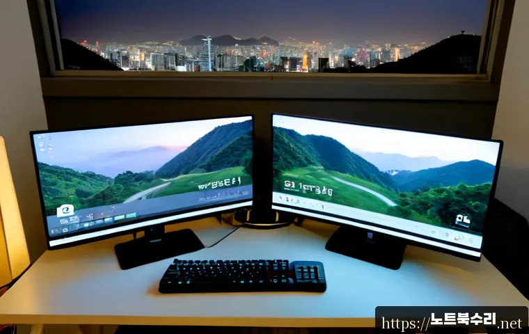 현석동 절전모드 - Photorealistic remote-support workstation in a compact Hyeonseok-dong apartment, dual monitors showi...