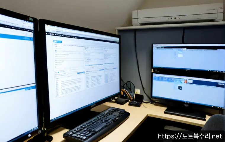 매향동 STATUS_FILE_CORRUPTION - Photorealistic remote-support workstation in a compact Suwon office, dual monitors showing a corrupt...