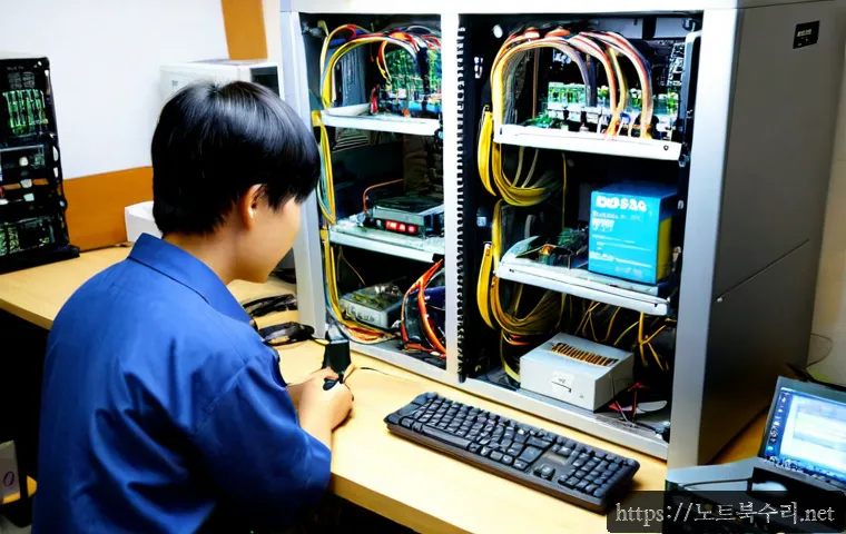 구산동 파워조립 및 교체수리 - Photorealistic computer repair workstation in a compact Gusan-dong electronics shop, technician inst...