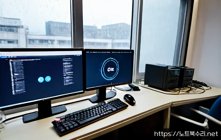 감이동 STATUS_KERNEL_CONNECTION_TIMEOUT - Photorealistic remote IT support workstation in a quiet Gam-i-dong apartment office, dual monitors s...