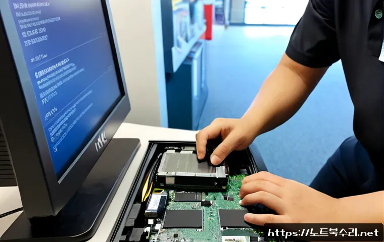 공항동 SSD조립 및 교체수리 - Photorealistic computer repair workstation in a compact Airport-district electronics shop, technicia...