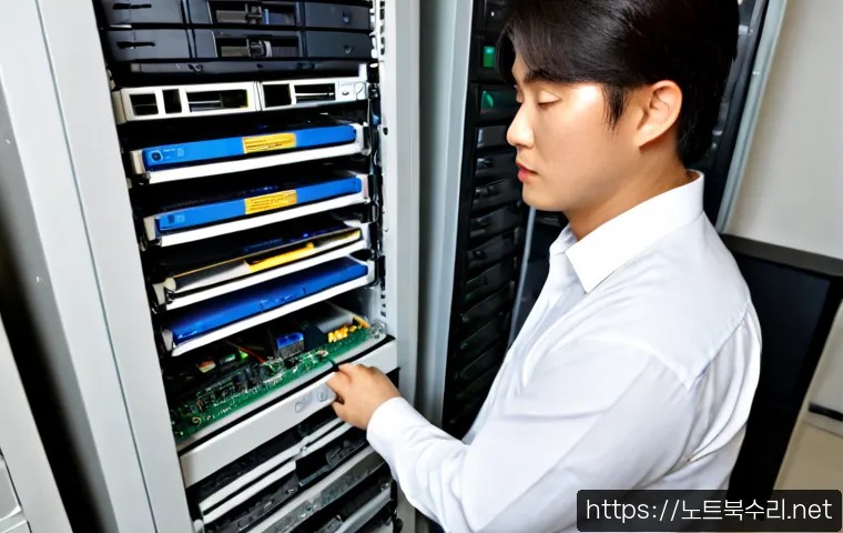 옥천동 파일서버출장방문수리점 - Photorealistic onsite file server repair in a compact Okcheon-dong office, technician replacing hot-...