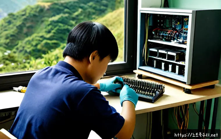 무악동 맥미니 판매 및 수리 - Photorealistic compact desktop computer repair bench in a quiet Muak-dong electronics workshop, smal...