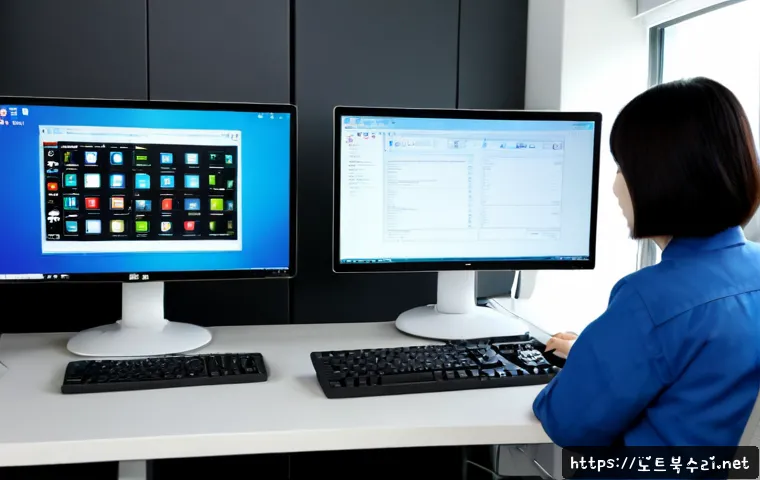 독산동 STATUS_PAGEFILE_MISSING - Photorealistic IT support workstation in a compact Doksan-dong office, dual monitors displaying a bl...