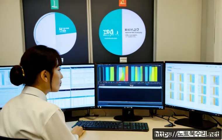 역곡동 STATUS_MODULE_CORRUPTION - Photorealistic IT support workstation in a compact Yeokgok-dong office, dual monitors showing a corr...